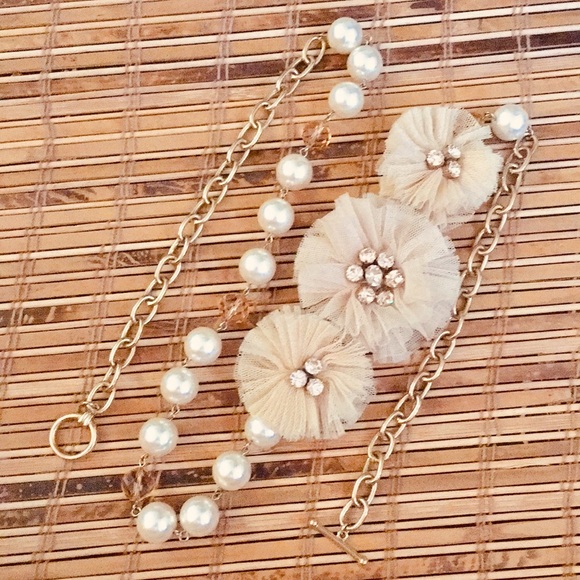 Tulle Flower Pearl Crystal Golden Chain Necklace Belt - Picture 3 of 5